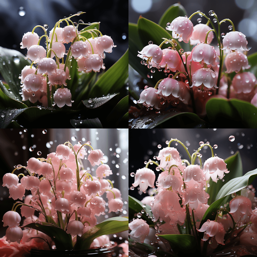 山谷百合形象，以淡粉色，复杂的树叶，32 - Midjourney Prompt