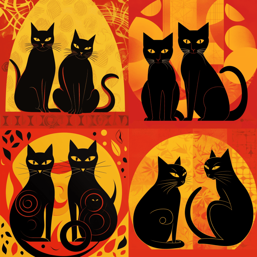 红色背景上的两只黑猫放在两件黄色艺术品上 - Midjourney Prompt