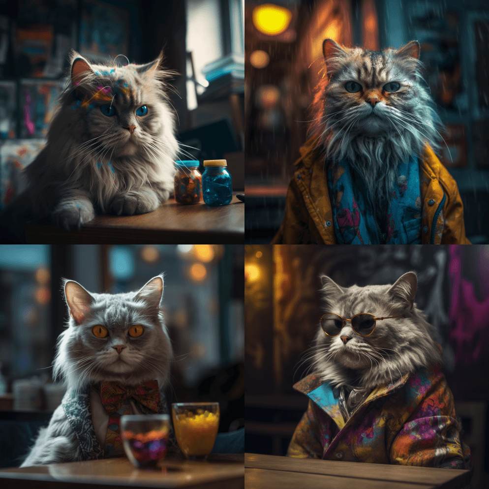 编辑风格照片，智能魅力的波斯猫税取代了电 - Midjourney Prompt