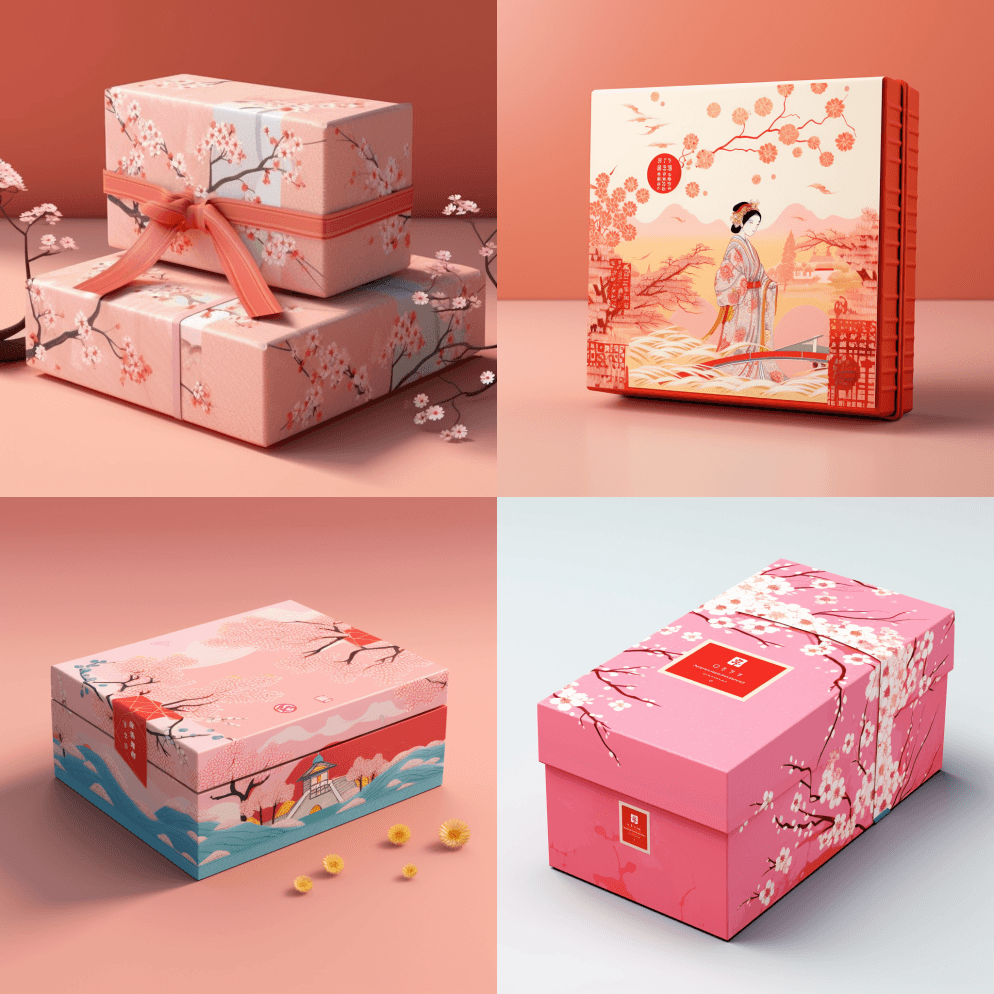 设计一个带有日本色彩的长方形礼盒，一个穿 - Midjourney Prompt