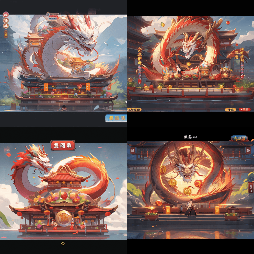 中国龙舟、龙舟、全景、2.5D插图风格、 - Midjourney Prompt