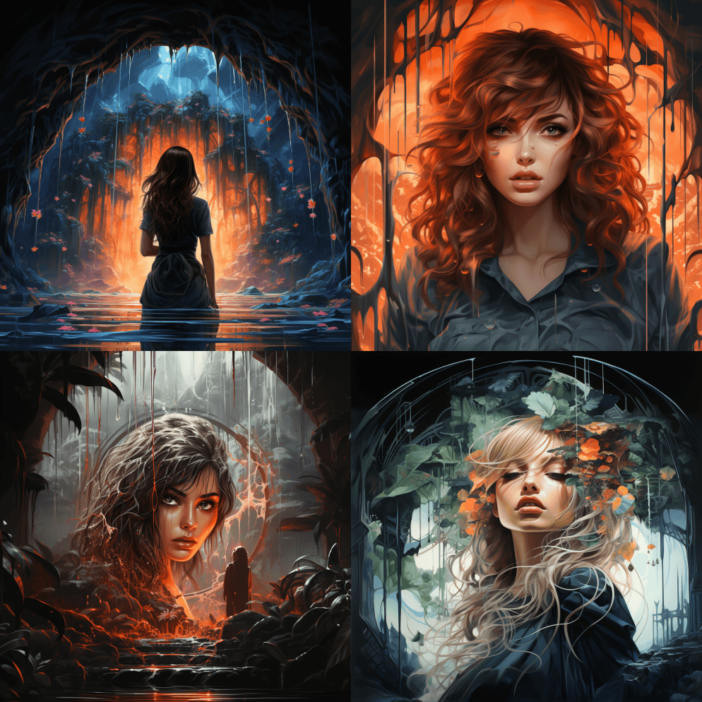 前面的照片，美丽的数码插图，瀑布后面。她 - Midjourney Prompt