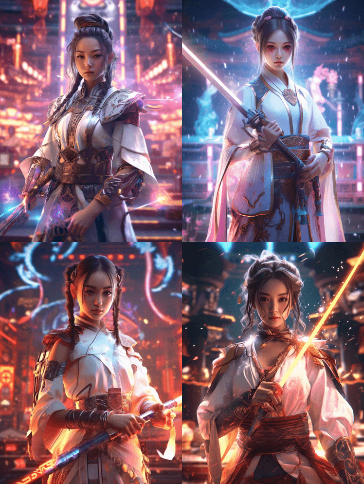 穿着中国古代服装的少女，亚洲人白袍，手持 - Midjourney Prompt
