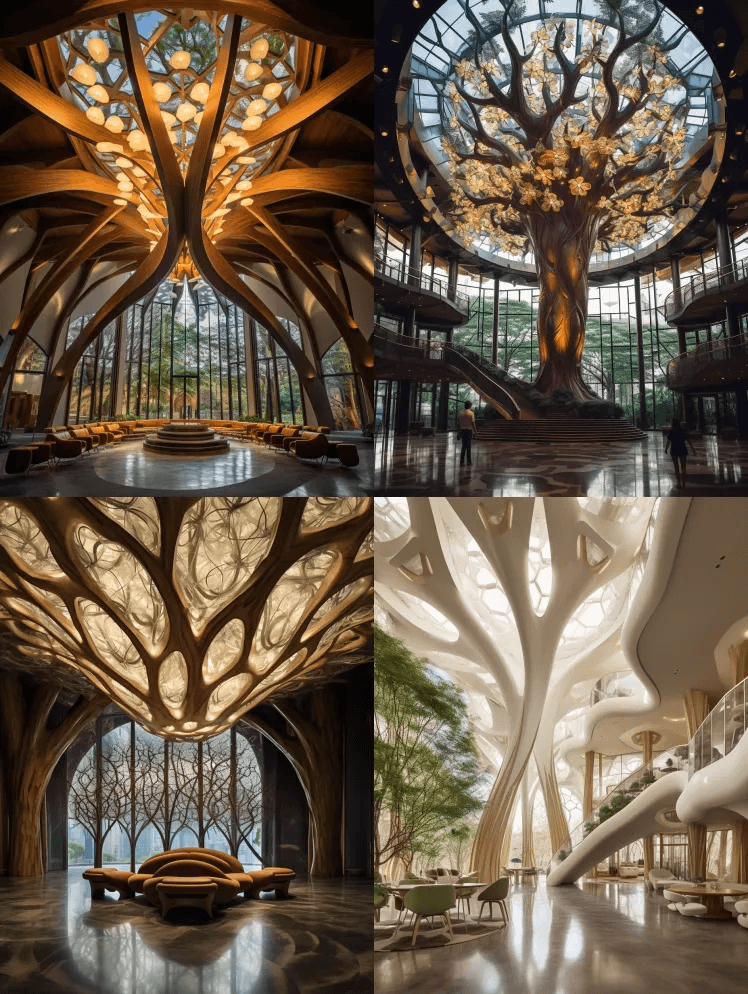 室内建筑设计包括一个异想天开的、超大的树 - Midjourney Prompt
