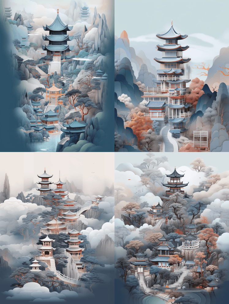 南宋时期，雷峰塔在晚霞中云雾环绕，湖面倒 - Midjourney Prompt