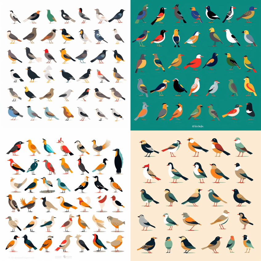 瑞士当地鸟类精灵床单，平面插图风格，各种 - Midjourney Prompt