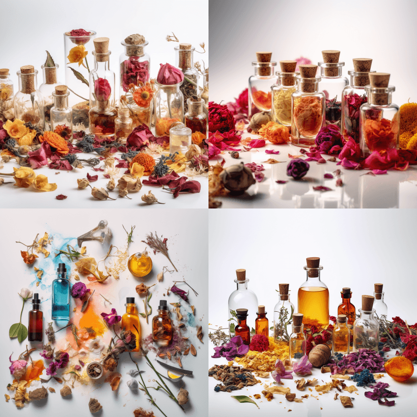 香水成分在鲜艳的白色柔和背景上,花朵,树 - Midjourney Prompt