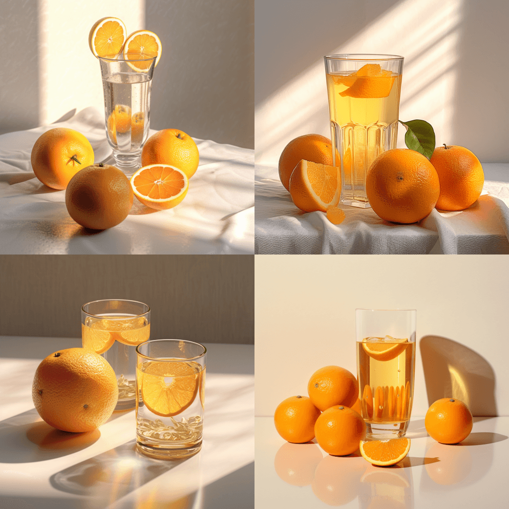 浅色背景下的金橙和金橙汁，摄影，超现实主 - Midjourney Prompt