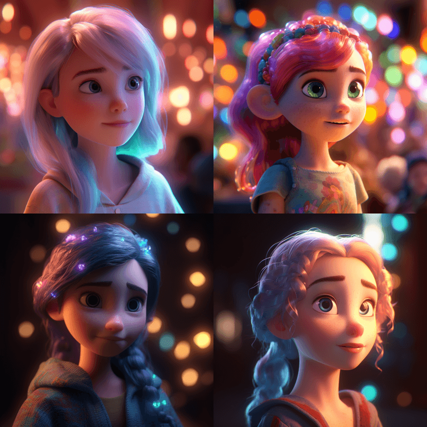 迪士尼女孩，低饱和度皮克斯超级细节，粘土 - Midjourney Prompt