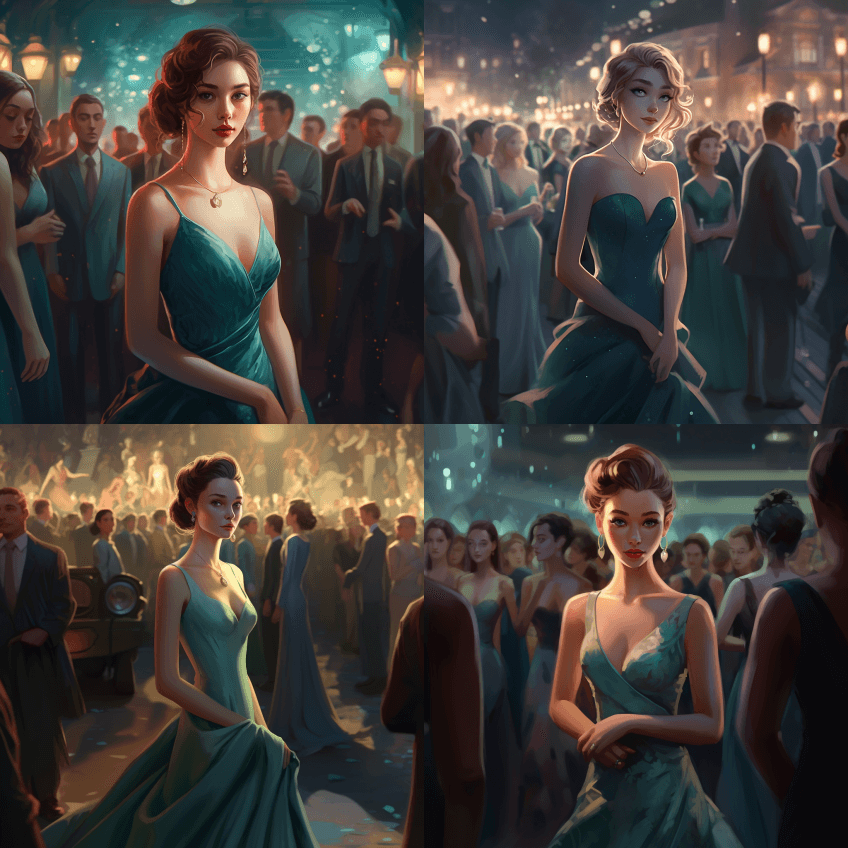 一个穿着晚礼服的女孩正在人群中摆姿势，风 - Midjourney Prompt