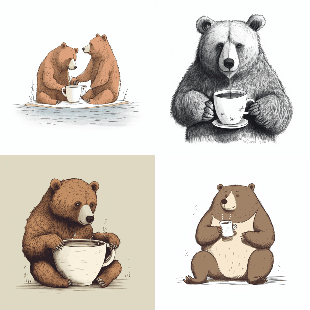 熊喜欢喝咖啡，爪子抓着咖啡杯，白色背景下 - Midjourney Prompt