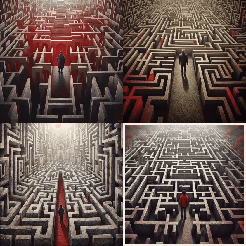 这个人走到了迷宫的尽头，以马丁·安辛的风 - Midjourney Prompt