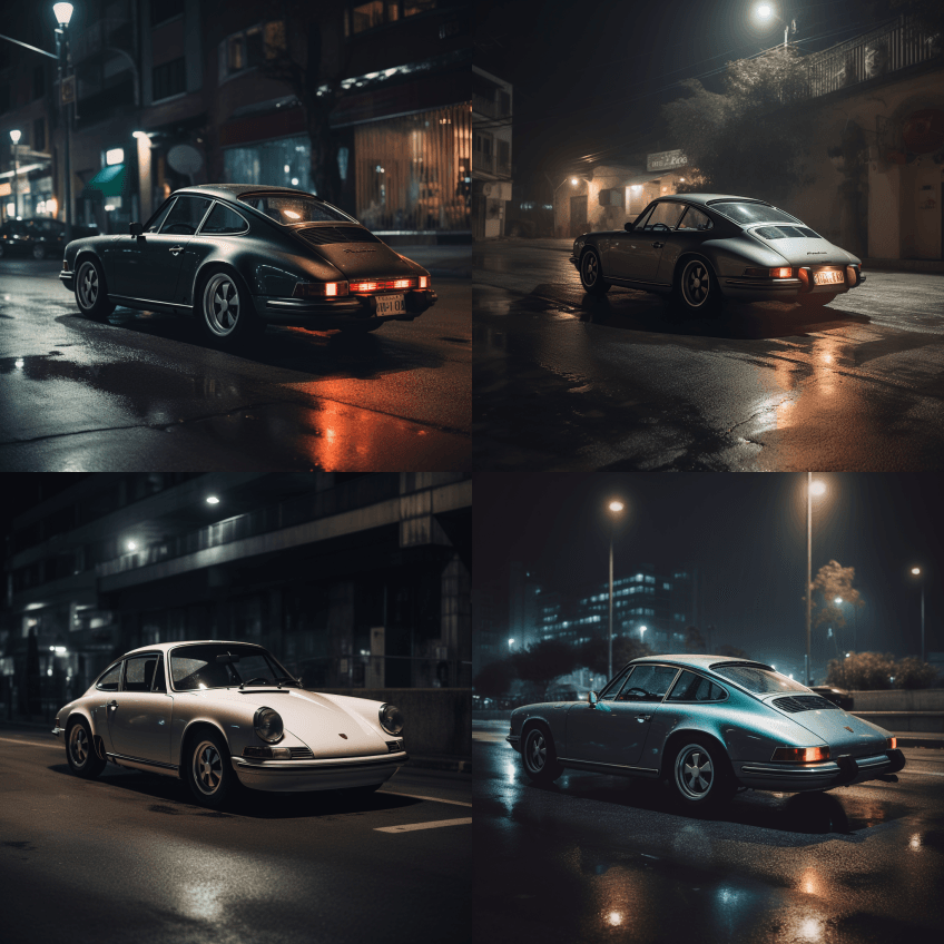 一张保时捷911的照片，晚上用索尼无反光 - Midjourney Prompt