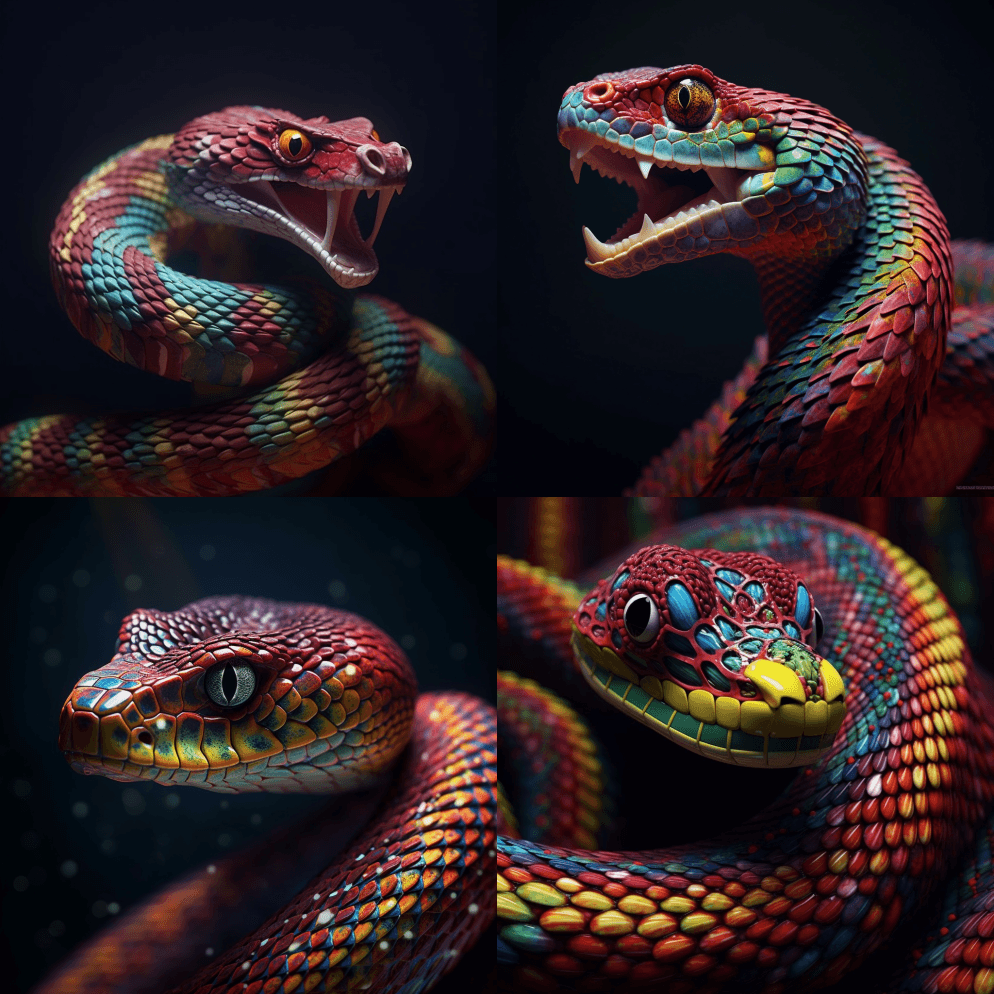 五颜六色的蛇，舌头伸出嘴巴，风格为Vra - Midjourney Prompt