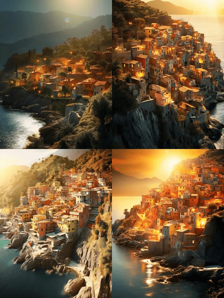 沿着海岸线的利古里亚奇幻村庄,许多内部开 - Midjourney Prompt