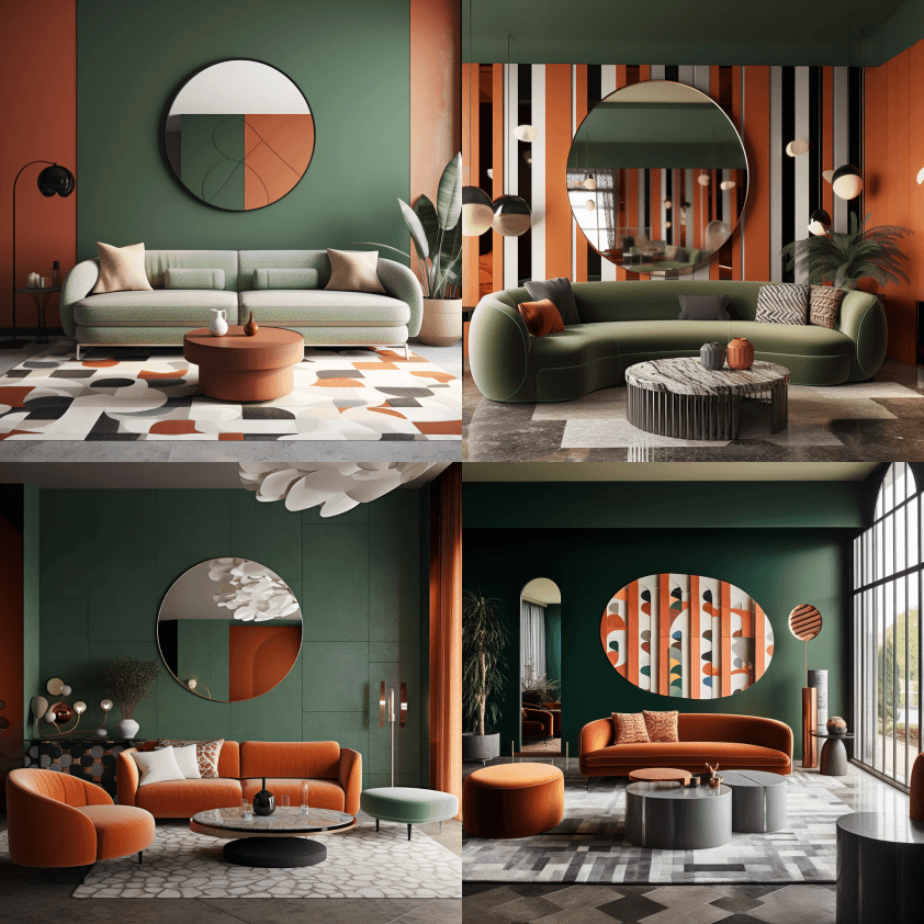 客厅有绿色的沙发和墙壁，风格为曲面镜，深 - Midjourney Prompt