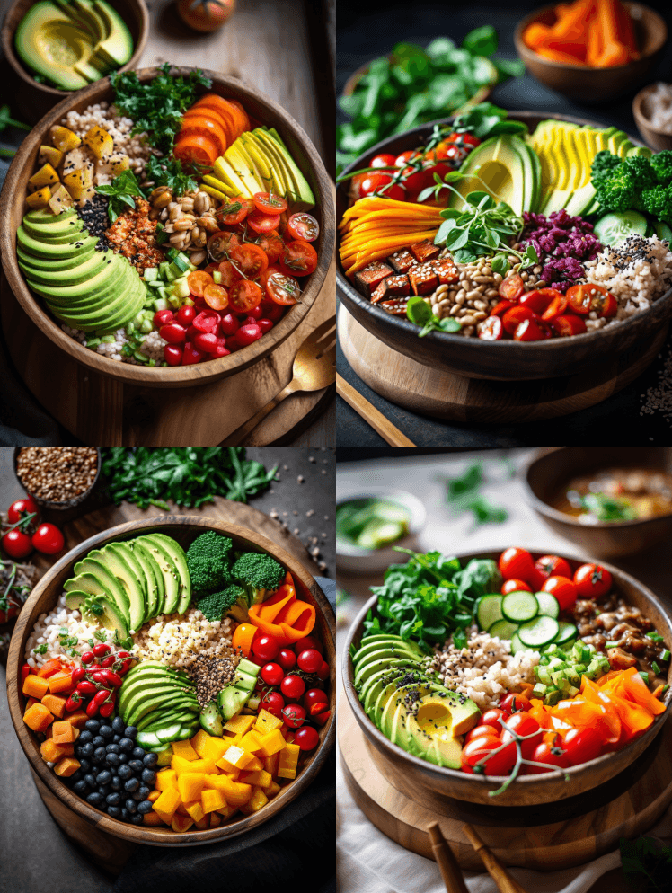 素食佛碗，新鲜蔬菜和谷物的五颜六色，禅宗 - Midjourney Prompt