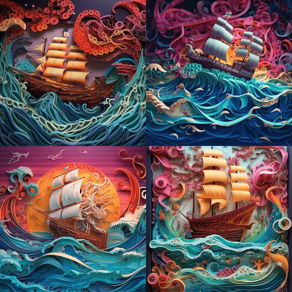 电影，剪纸艺术，纸插图，海洋上的船，海底 - Midjourney Prompt