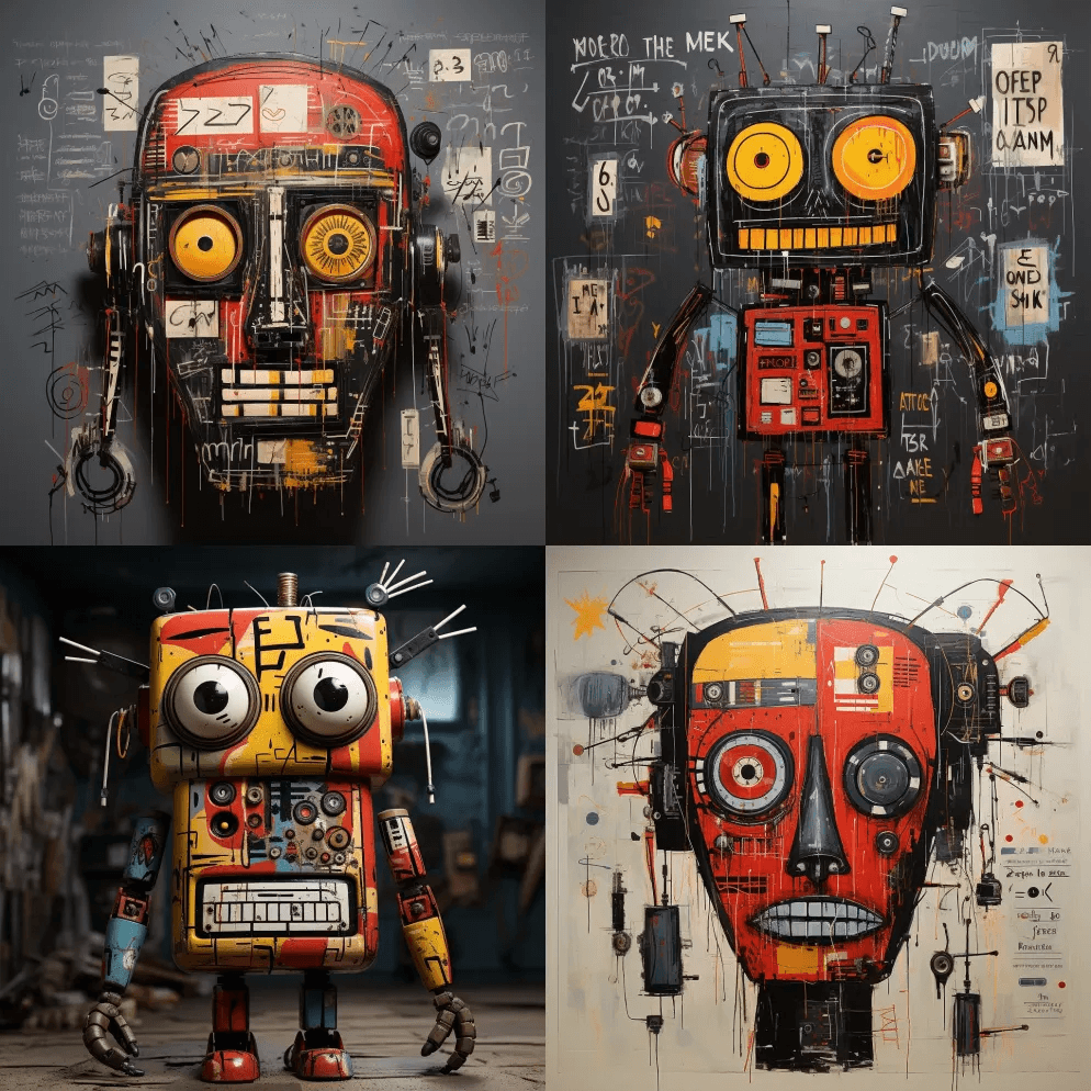 巴斯奎特设计的机器人，诡异的未来主义电影 - Midjourney Prompt