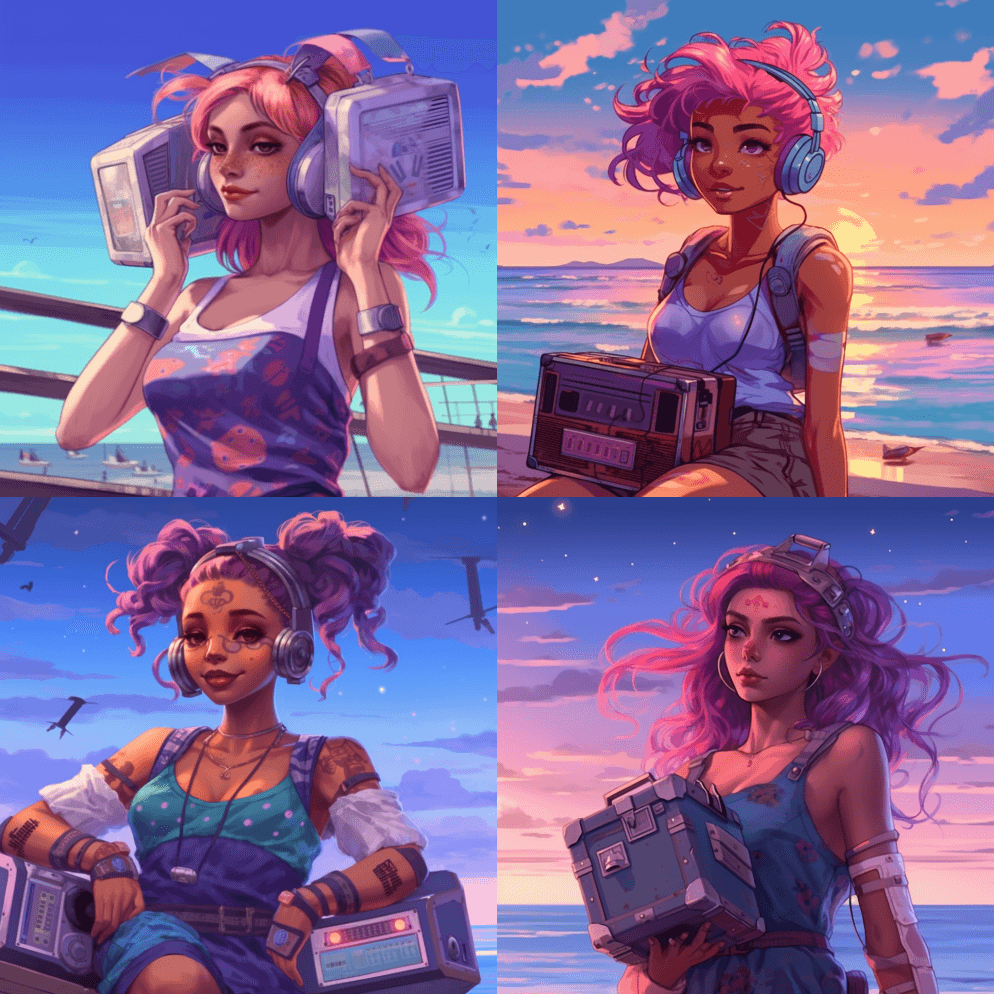 带有紫色和红色空间圆面包的动漫小狐狸，水 - Midjourney Prompt