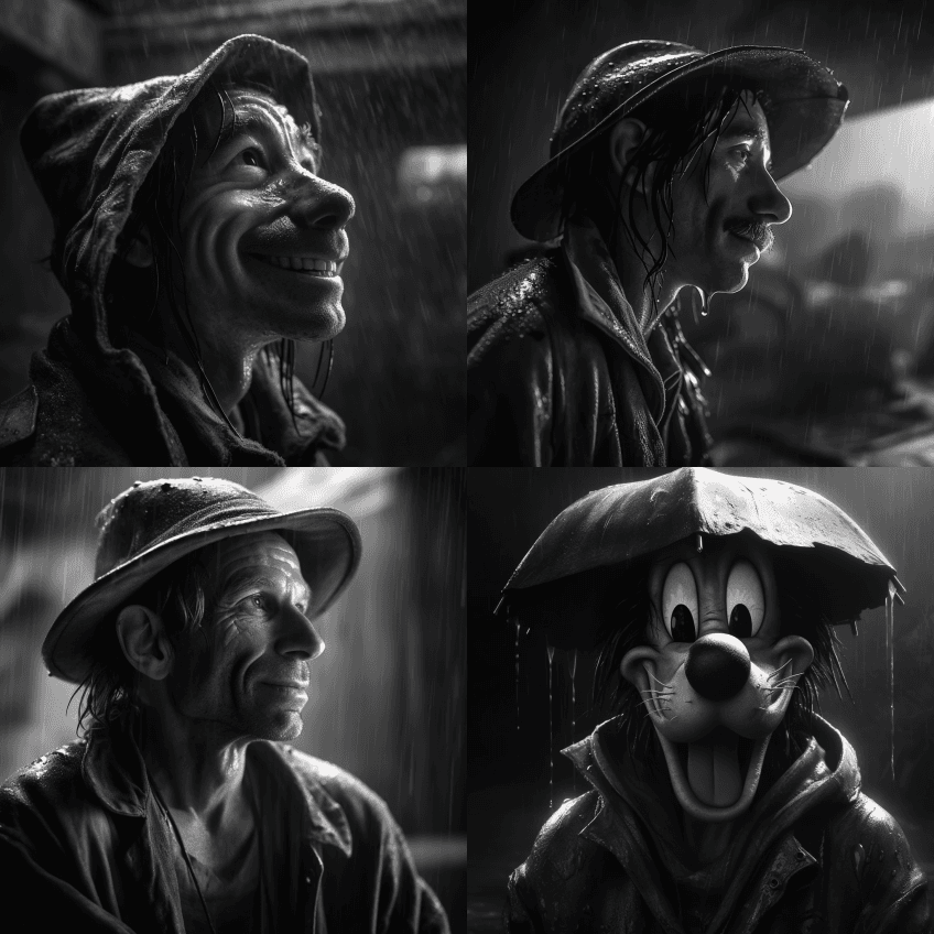 扎克·斯奈德的迪士尼傻乎乎的明暗黑白油， - Midjourney Prompt