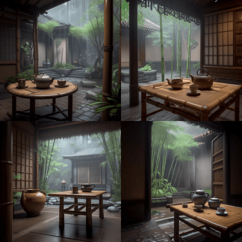 照片写实了一个古老的庭院,院子外有一片竹 - Midjourney Prompt