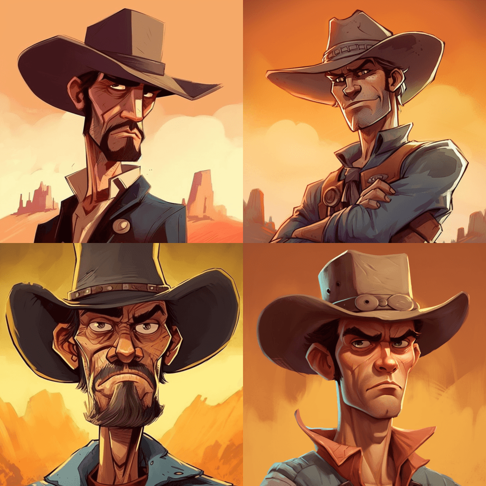 西部风景画中的卡通牛仔，骨瘦如柴，大屁股 - Midjourney Prompt