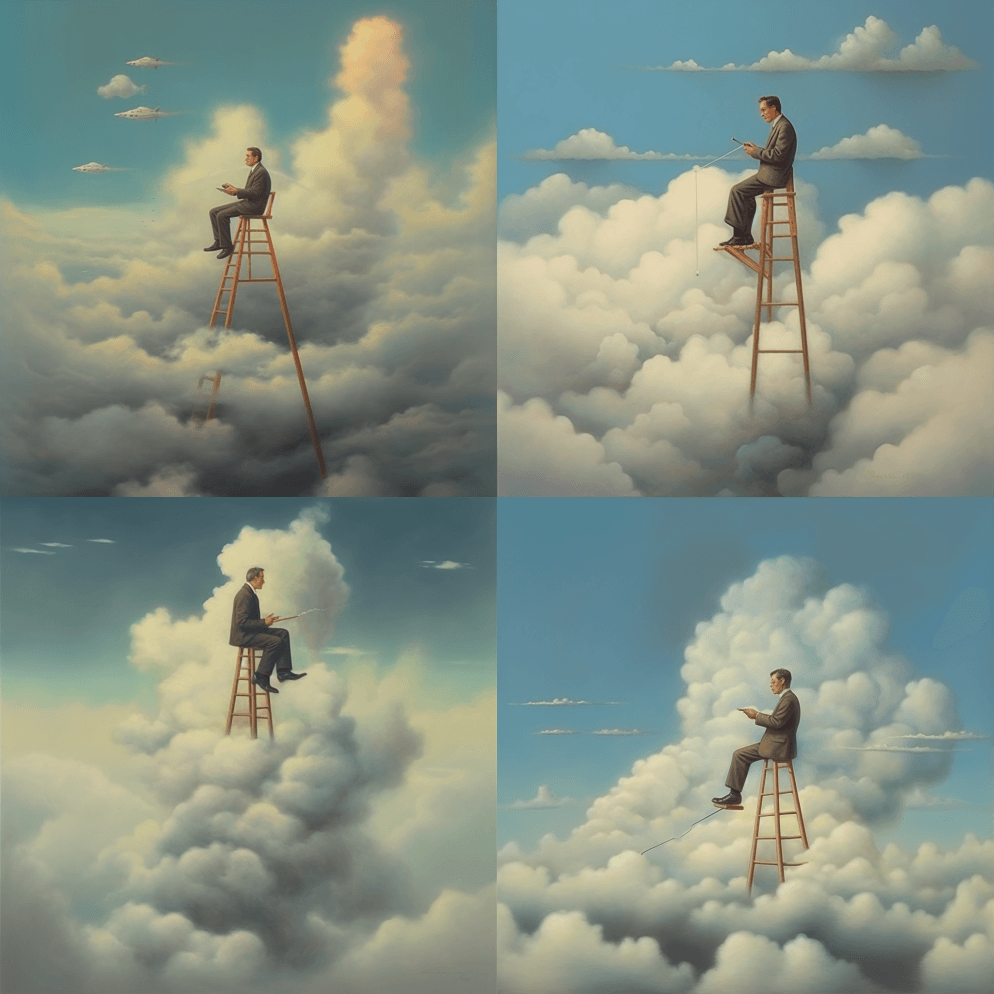 他坐在云层上的梯子上，拿着钓鱼竿，超现实 - Midjourney Prompt