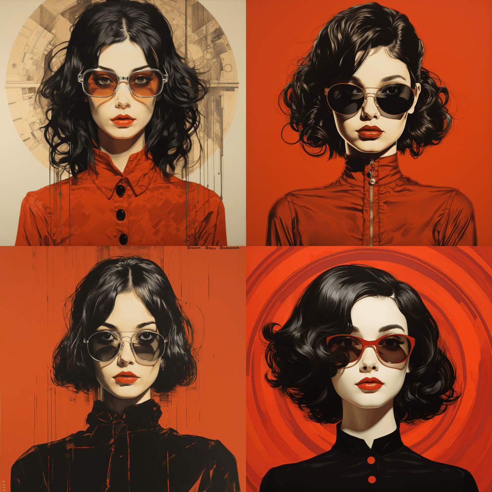 在红色背景上画戴眼镜的女人，以艺术家书籍 - Midjourney Prompt