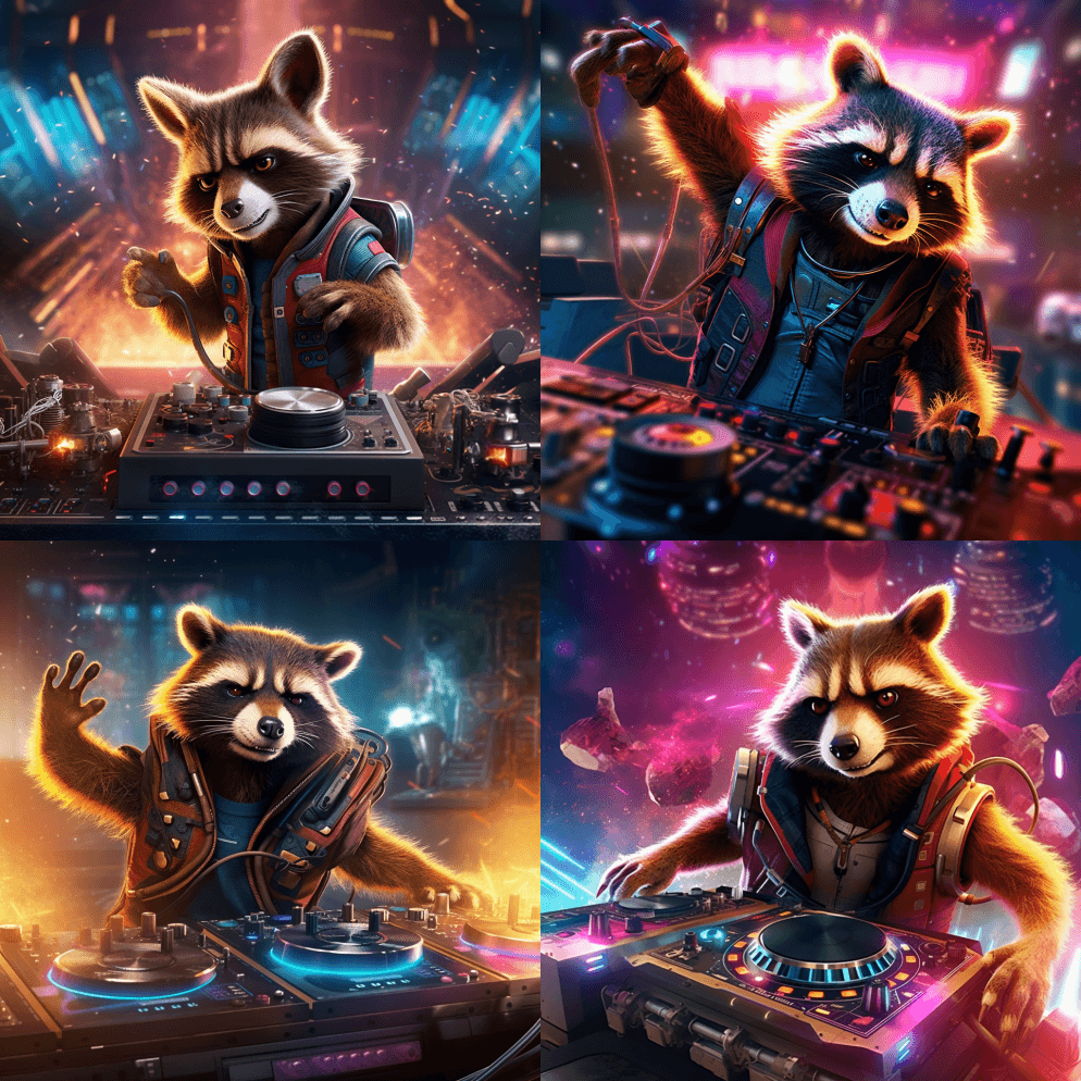 从来自银河系的守护者创建火箭，作为DJ在 - Midjourney Prompt