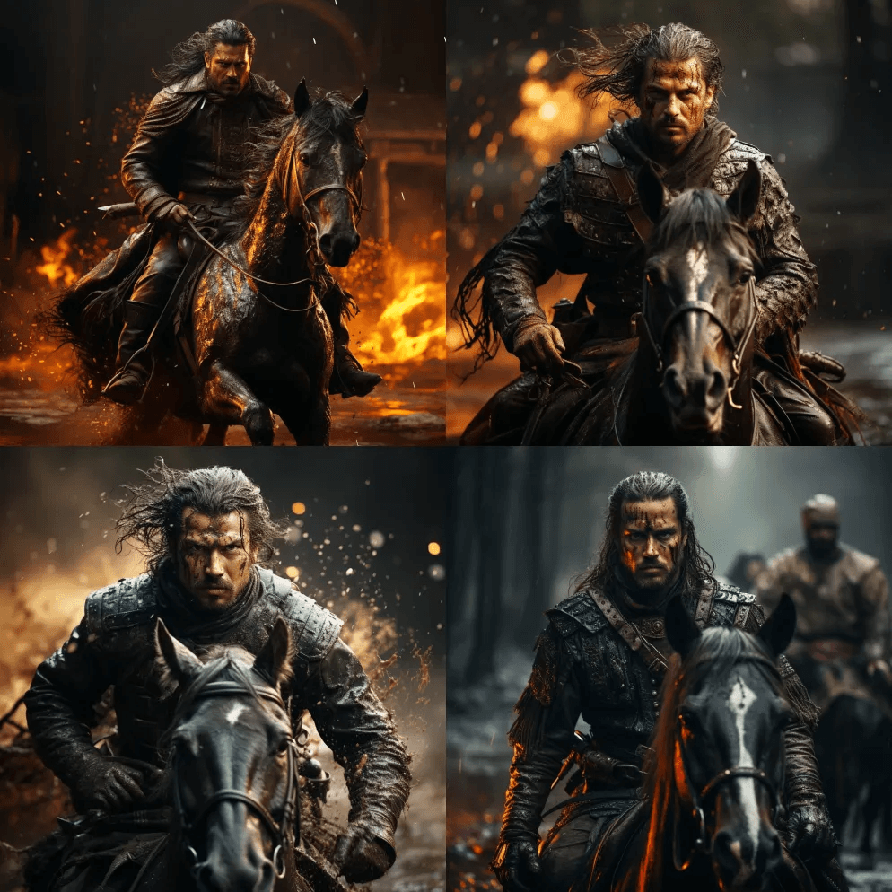 武士骑在马背上战斗，风格迷人，情感意象， - Midjourney Prompt