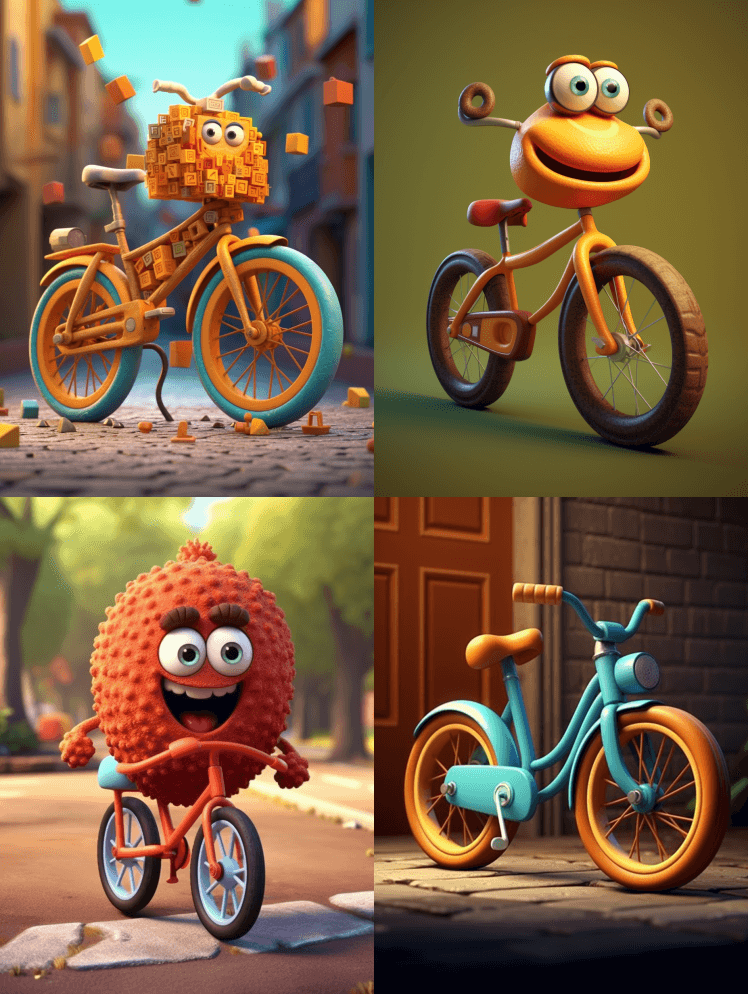 卡通3D风格的自行车，可爱的皮克斯风格 - Midjourney Prompt