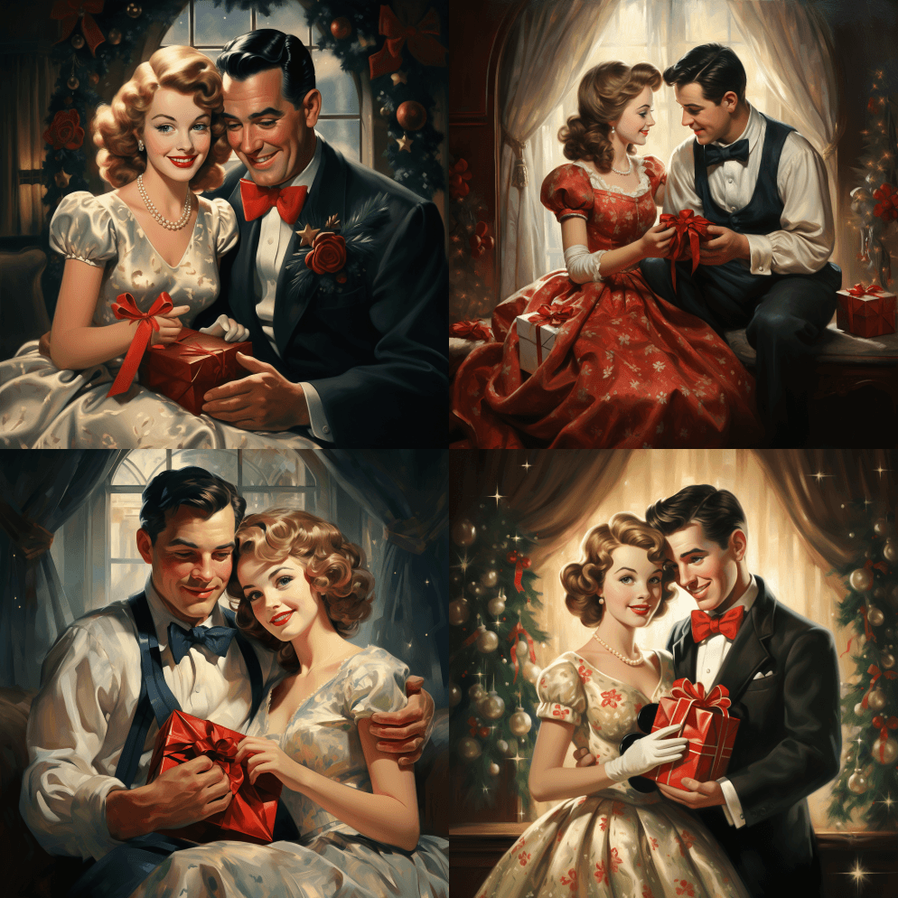 复古迪士尼启发圣诞节画情侣抱着米奇和米妮 - Midjourney Prompt