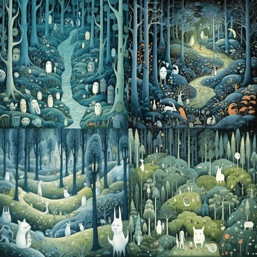 托夫·詹森绘制的充满可爱幽灵动物的奇幻森 - Midjourney Prompt