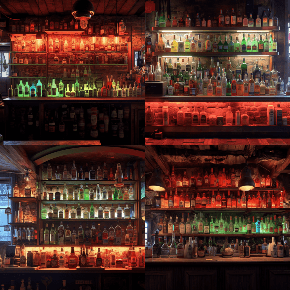 柜台上有很多啤酒的小酒馆，面朝柜台，夜总 - Midjourney Prompt
