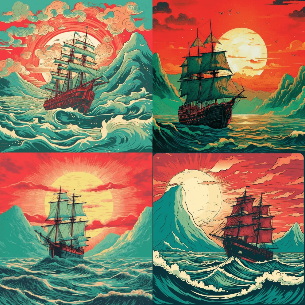 一艘17世纪的欧洲商船，在绿色的大海上， - Midjourney Prompt