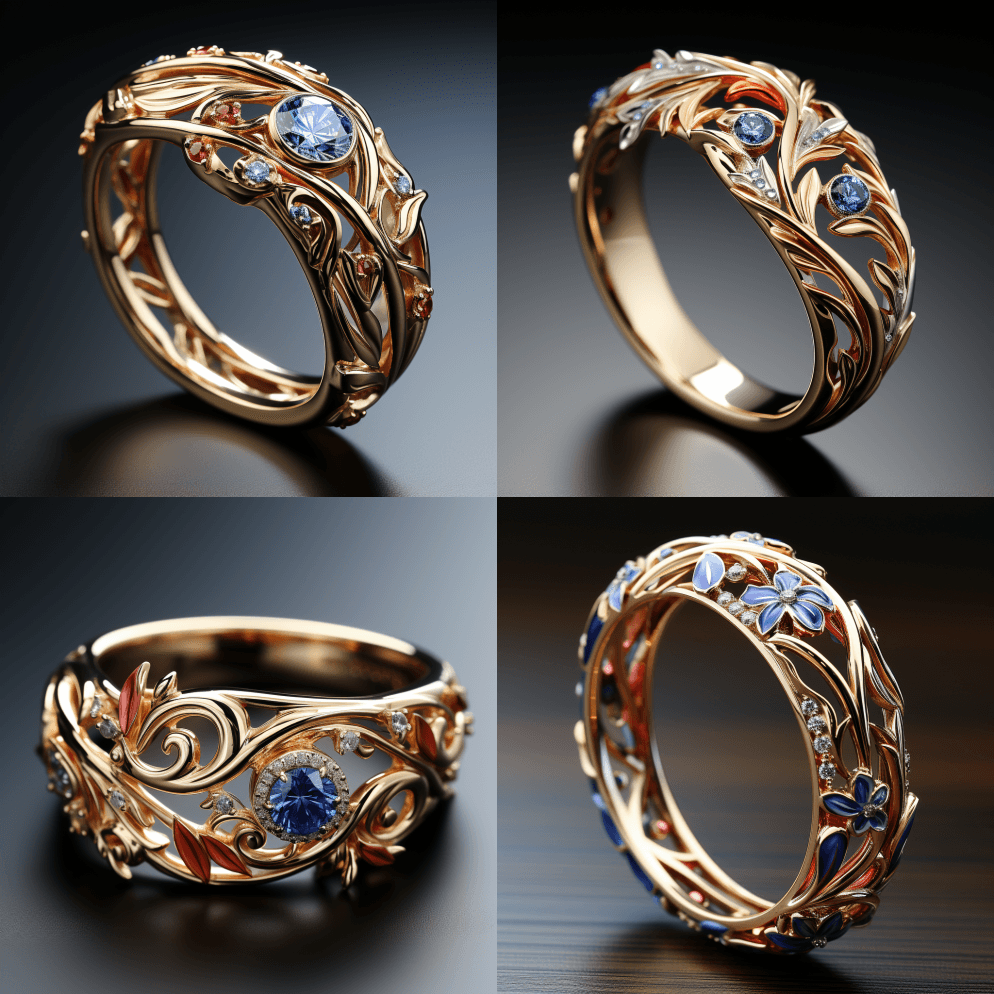 一枚香格里拉风格的旋涡设计戒指，上面有红 - Midjourney Prompt