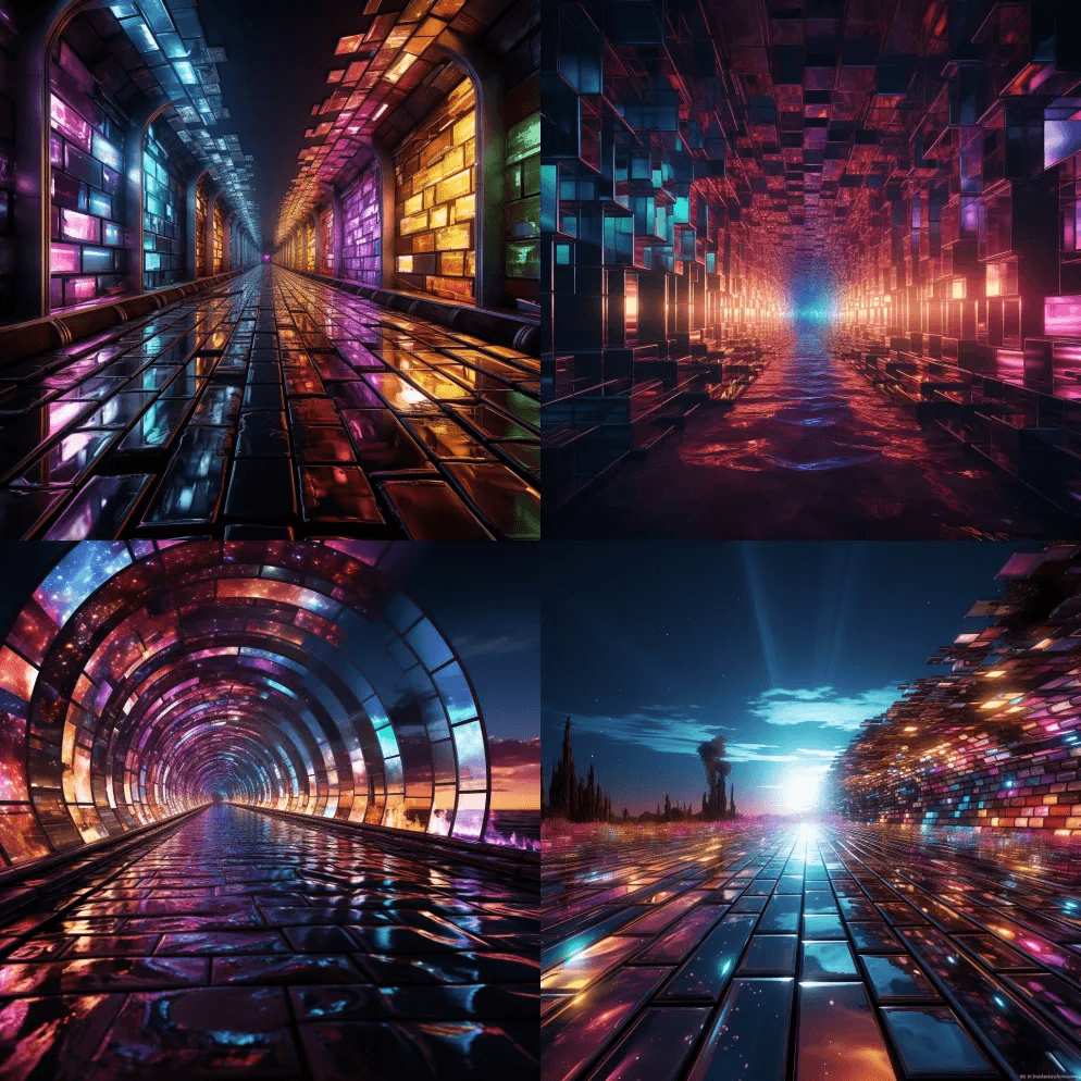 隧道亮着灯的图像，以毛刺艺术的风格，交通 - Midjourney Prompt