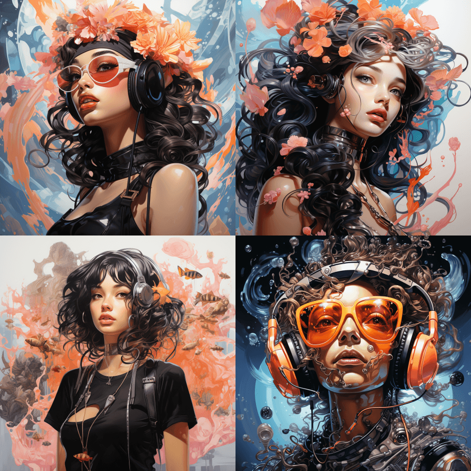 未来现实主义风格的水下游泳疯狂美丽女孩， - Midjourney Prompt