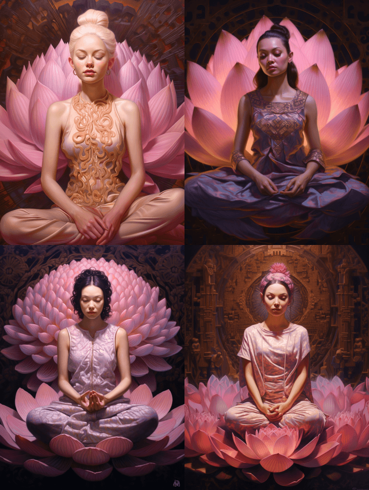 一幅女人在一朵小莲花上冥想的画，以ZBr - Midjourney Prompt