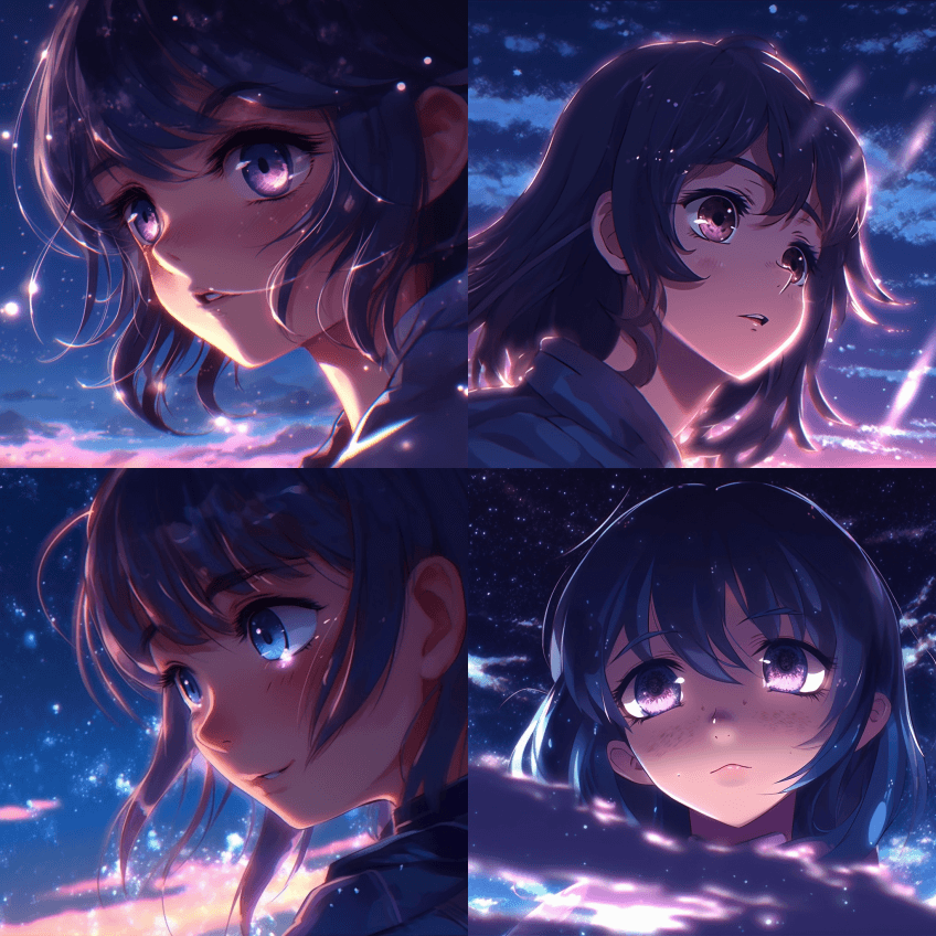 动漫女孩的脸，看着夜空，映入眼帘，超细腻 - Midjourney Prompt