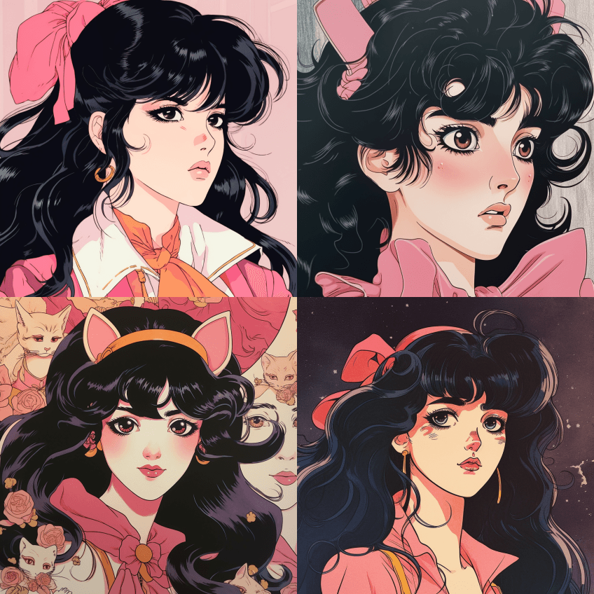 20世纪70年代的动漫，一个黑发粉色猫头 - Midjourney Prompt