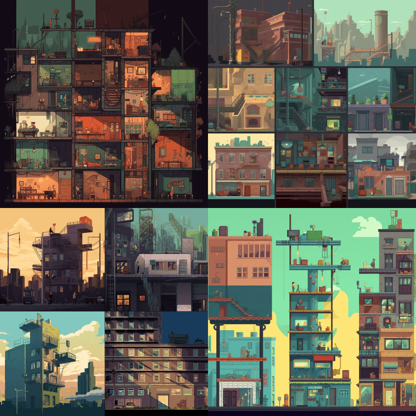 建筑游戏免费截图，风格独特的波普艺术风格 - Midjourney Prompt