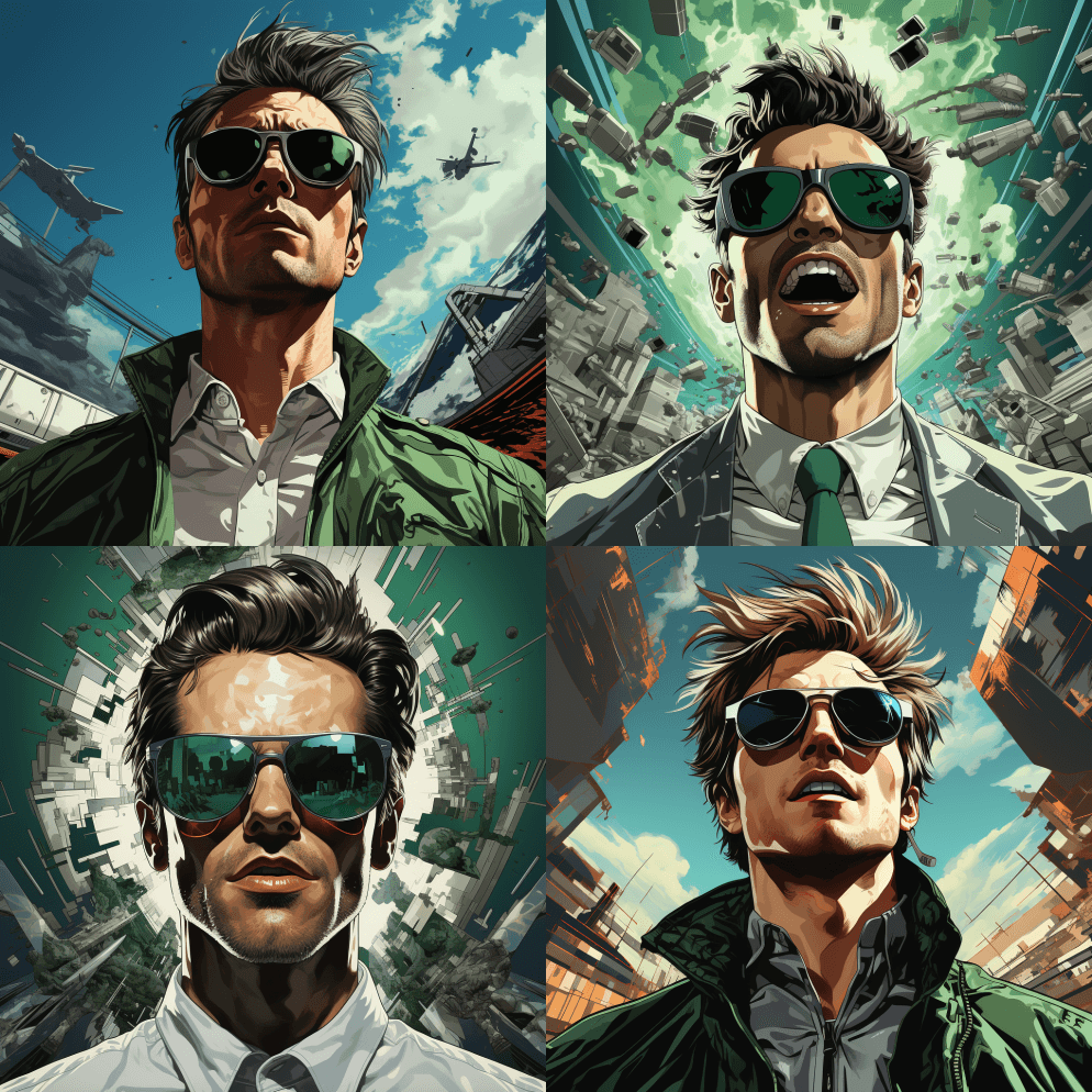 一个人的头上戴着太阳镜，采用大胆的漫画艺 - Midjourney Prompt