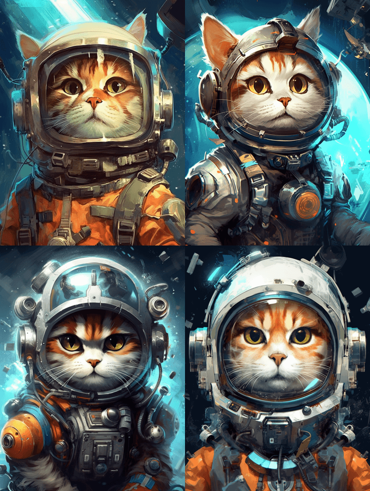 非常酷的猫太空探险家卡通角色由安卓·琼斯 - Midjourney Prompt