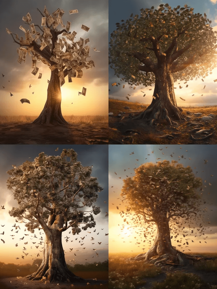 一棵现实的树，上面长着钱，高高的，有很多 - Midjourney Prompt