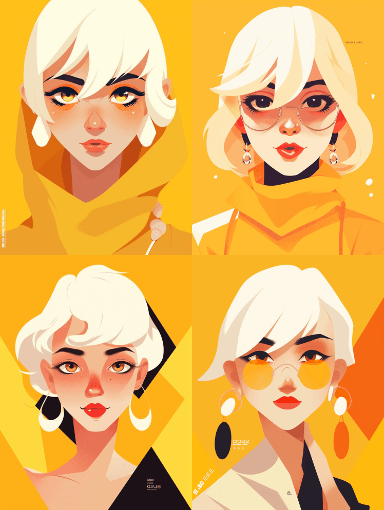 酷女孩，黄眼睛，黄背景，平面插图，几何形 - Midjourney Prompt