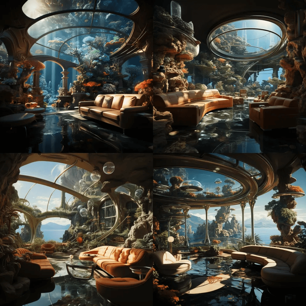 水下现代未来主义的大客厅，海洋生活的鱼， - Midjourney Prompt