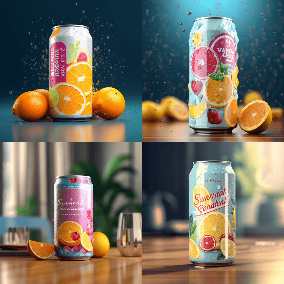 一款鸡尾酒包装金属罐纯色瓶贴水彩水果插图 - Midjourney Prompt