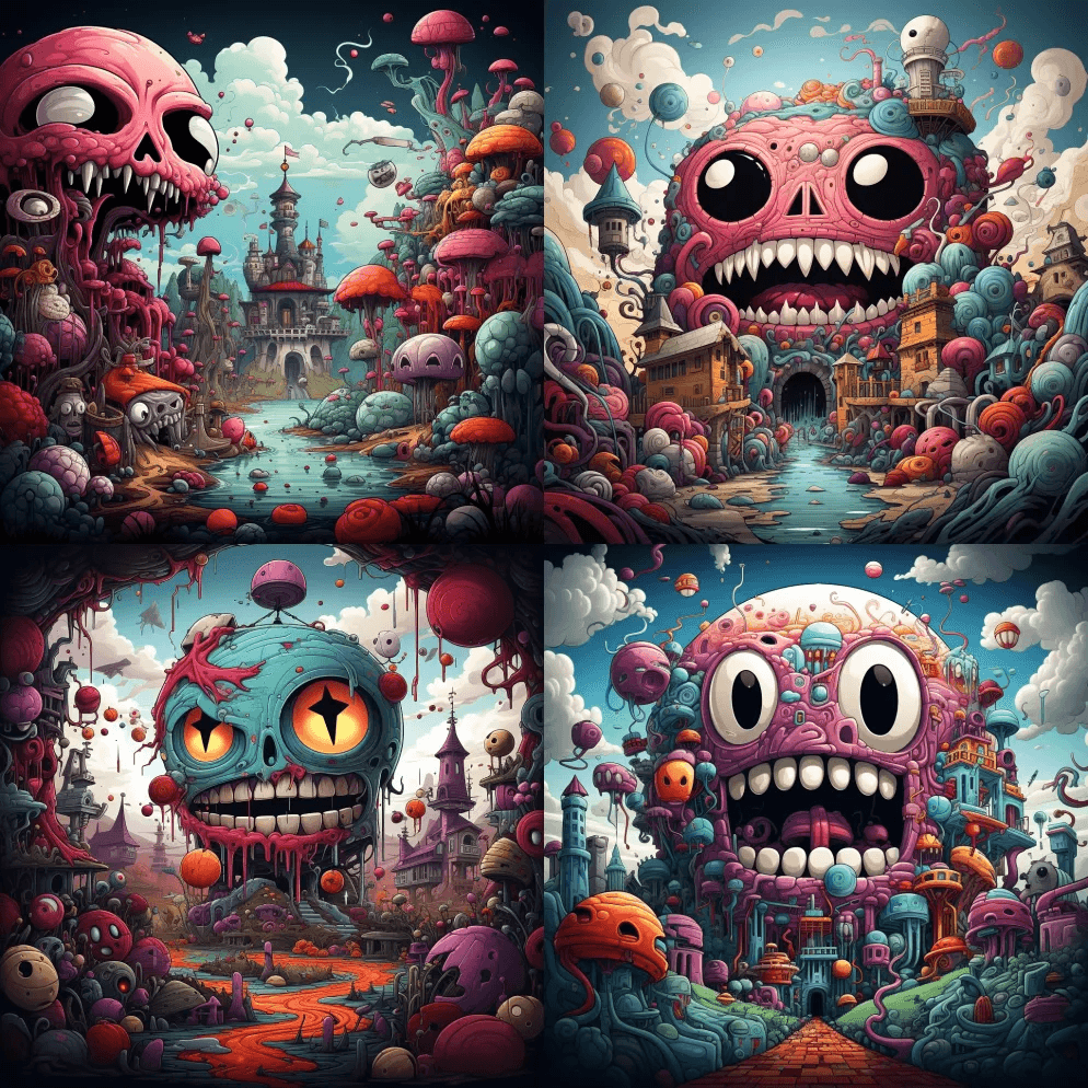 五颜六色的涂鸦设计，里面有很多东西，超现 - Midjourney Prompt